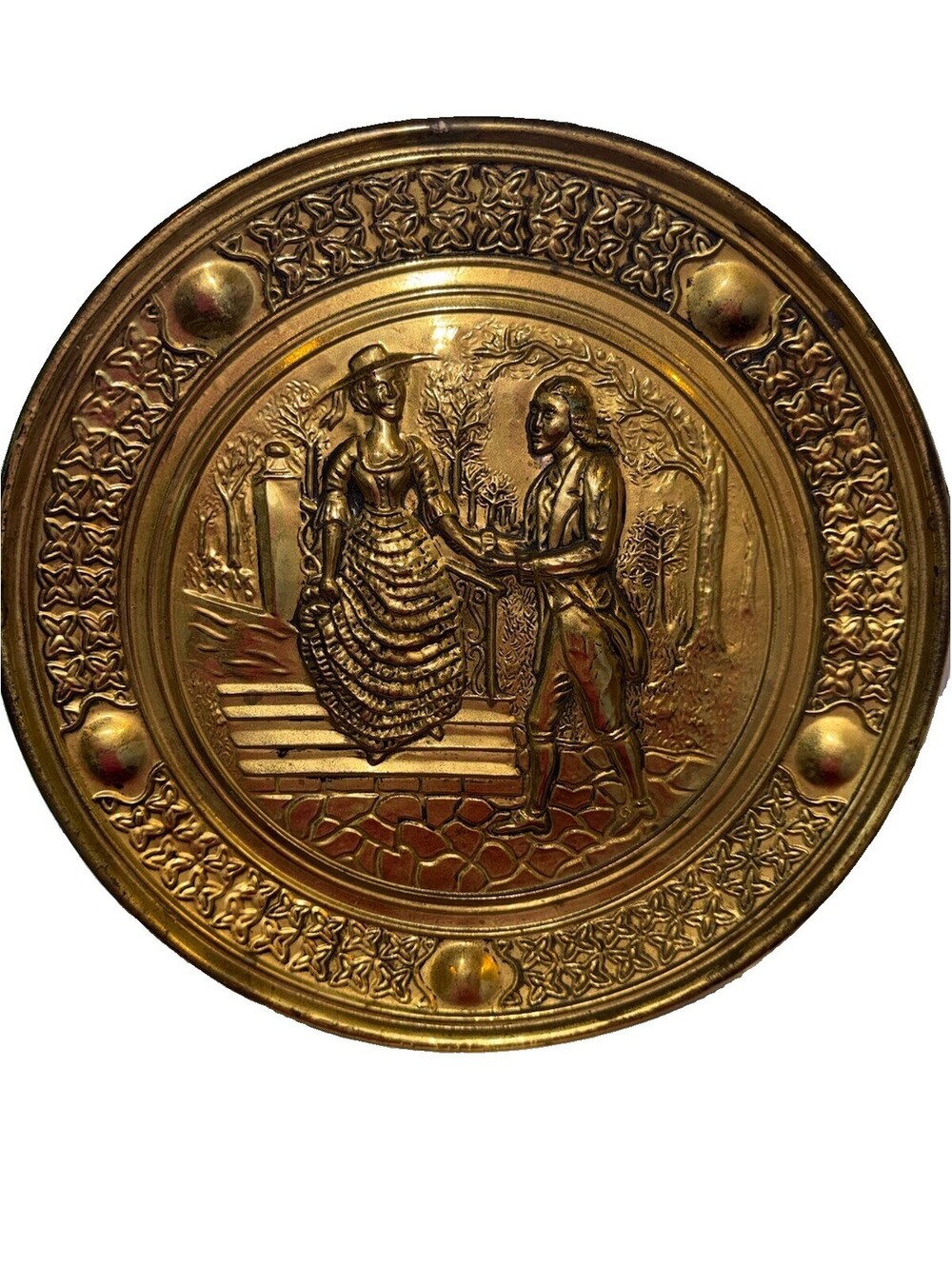 Vintage brass embossed decorative wall plaque with victorian scene, MCM